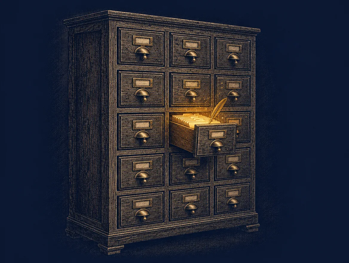 A wall of closed drawers with one drawer open and lit from inside