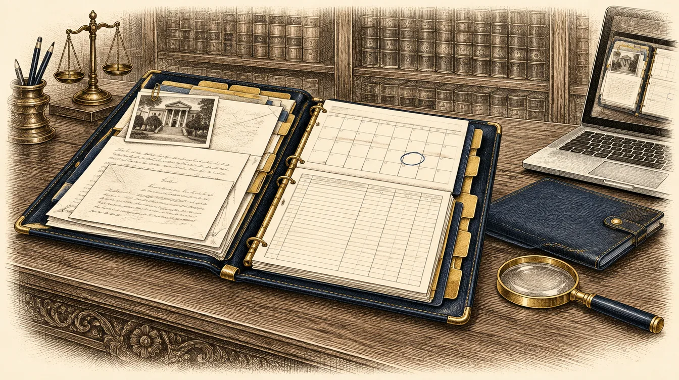 A thick case file cut in half, with neat sections inside