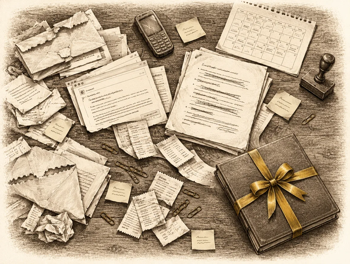 Loose letters, notes and receipts on a desk, all moving towards one closed case file